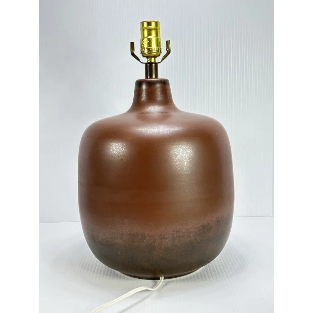 Vintage Bostlund‎ Rich Brown Glaze Pottery Table Lamp With Shade Mid Century Mod